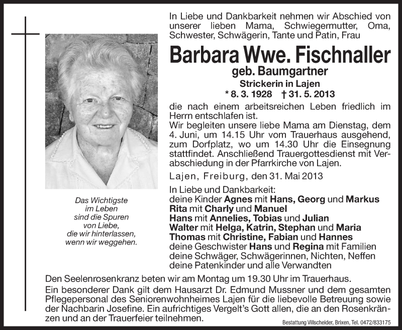  Traueranzeige für Barbara Fischnaller vom 03.06.2013 aus Dolomiten