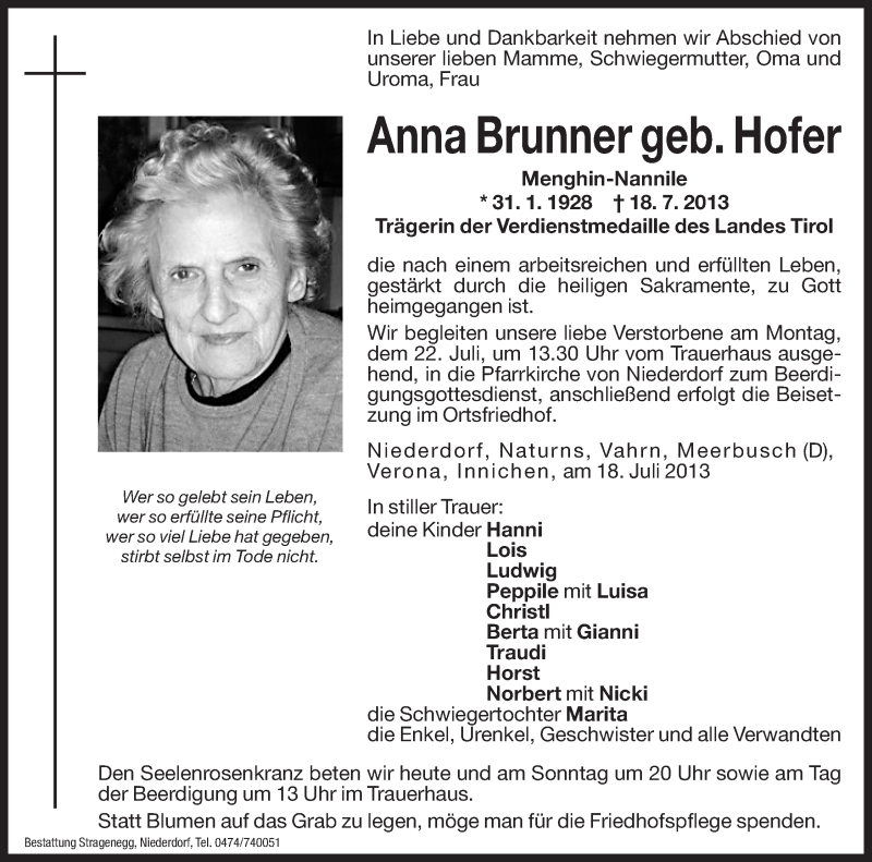  Traueranzeige für Anna Brunner vom 20.07.2013 aus Dolomiten