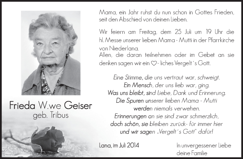  Traueranzeige für Frieda Geiser vom 23.07.2014 aus Dolomiten