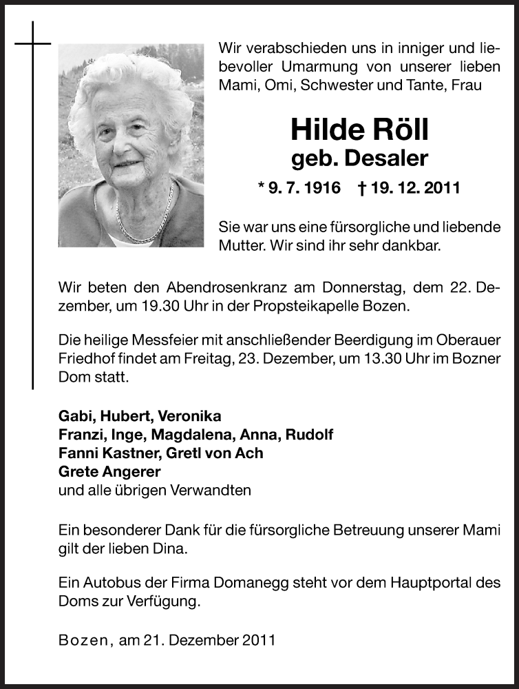  Traueranzeige für Hilde Röll vom 22.12.2011 aus Dolomiten