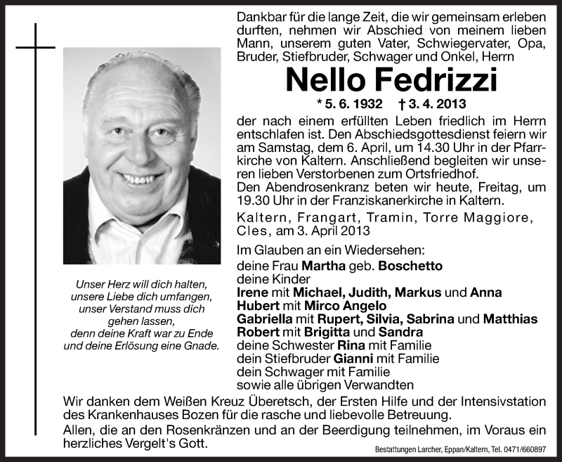  Traueranzeige für Nello Fedrizzi vom 05.04.2013 aus Dolomiten