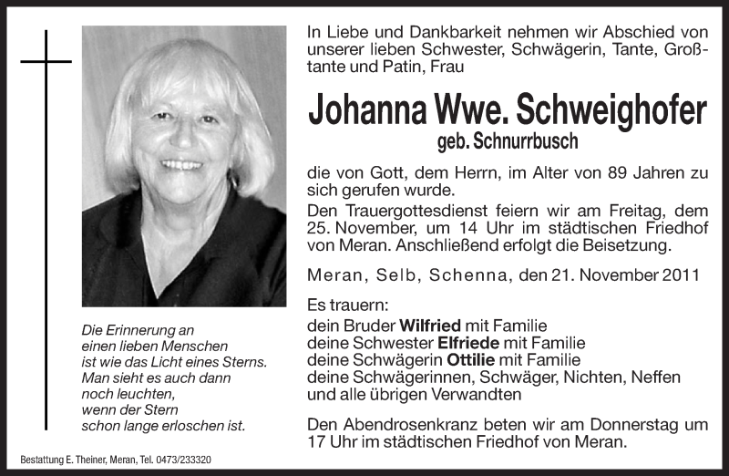  Traueranzeige für Johanna Schweighofer vom 23.11.2011 aus Dolomiten