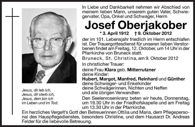  Traueranzeige für Josef Oberjakober vom 11.10.2012 aus Dolomiten