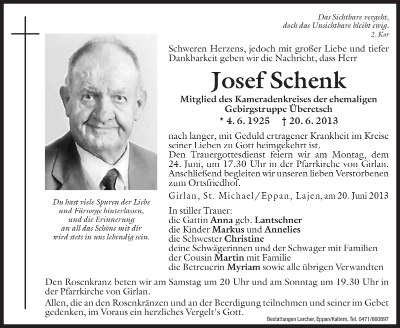  Traueranzeige für Josef Schenk vom 22.06.2013 aus Dolomiten