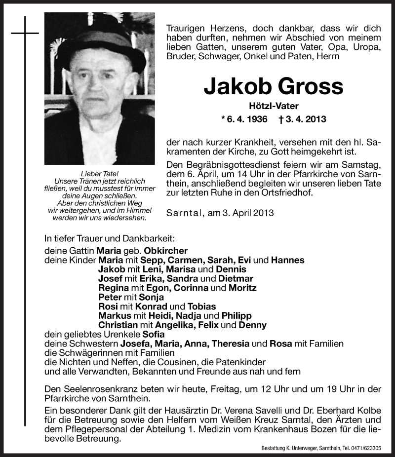  Traueranzeige für Jakob Gross vom 05.04.2013 aus Dolomiten