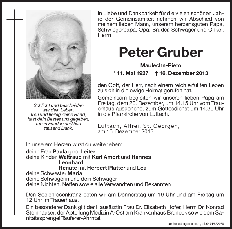  Traueranzeige für Peter Gruber vom 19.12.2013 aus Dolomiten