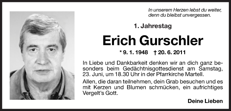  Traueranzeige für Erich Gurschler vom 22.06.2012 aus Dolomiten