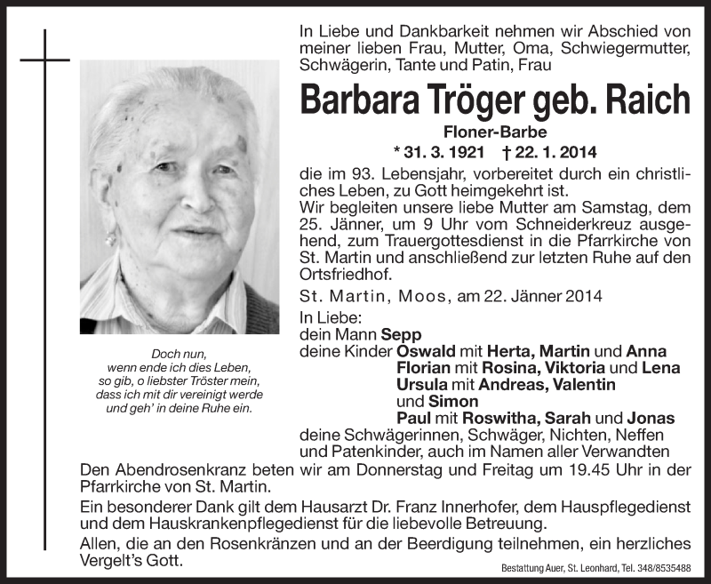  Traueranzeige für Barbara Tröger vom 23.01.2014 aus Dolomiten