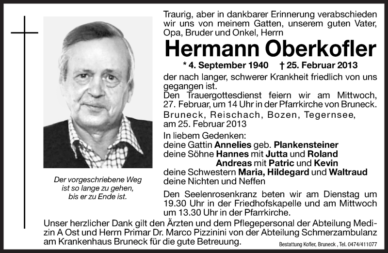  Traueranzeige für Hermann Oberkofler vom 26.02.2013 aus Dolomiten