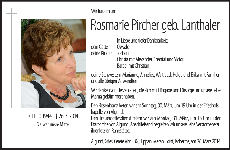  Traueranzeige für Rosmarie Pircher vom 29.03.2014 aus Dolomiten