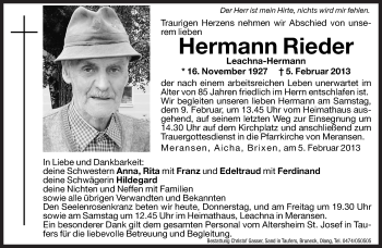 Traueranzeige von Hermann Rieder von Dolomiten