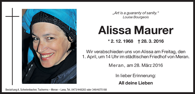  Traueranzeige für Alissa Maurer vom 31.03.2016 aus Dolomiten