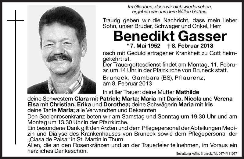  Traueranzeige für Benedikt Gasser vom 09.02.2013 aus Dolomiten