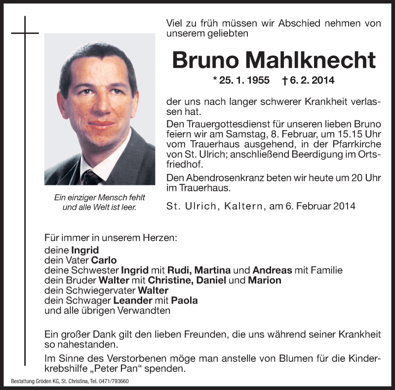  Traueranzeige für Bruno Mahlknecht vom 07.02.2014 aus Dolomiten