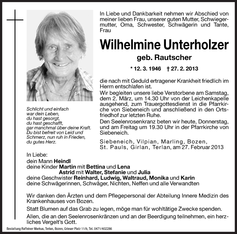  Traueranzeige für Wilhelmine Unterholzer vom 28.02.2013 aus Dolomiten