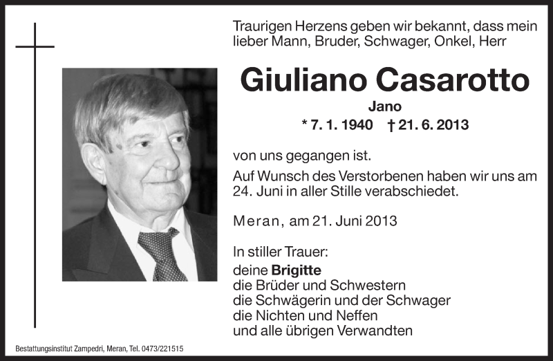  Traueranzeige für Giuliano Casarotto vom 25.06.2013 aus Dolomiten