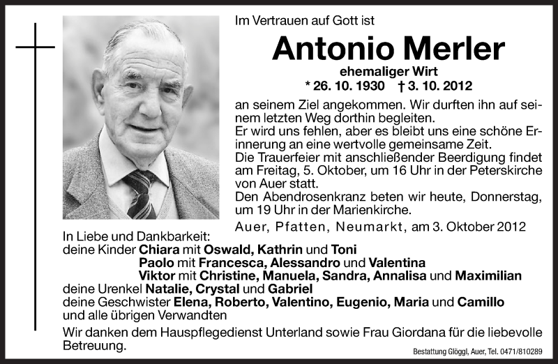  Traueranzeige für Antonio Merler vom 04.10.2012 aus Dolomiten