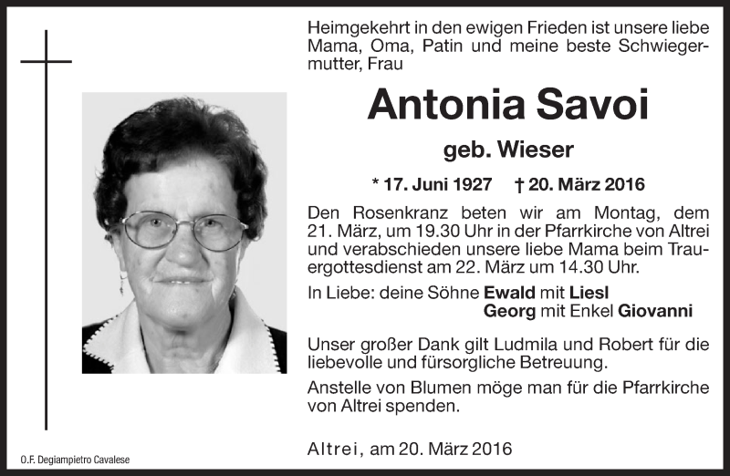  Traueranzeige für Antonia Wieser vom 21.03.2016 aus Dolomiten