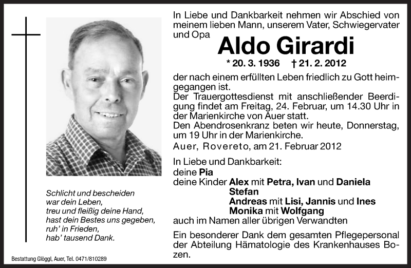  Traueranzeige für Aldo Girardi vom 23.02.2012 aus Dolomiten