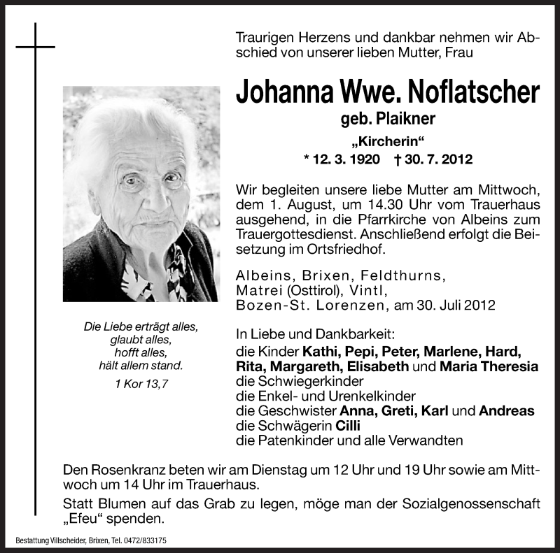  Traueranzeige für Johanna Noflatscher vom 31.07.2012 aus Dolomiten