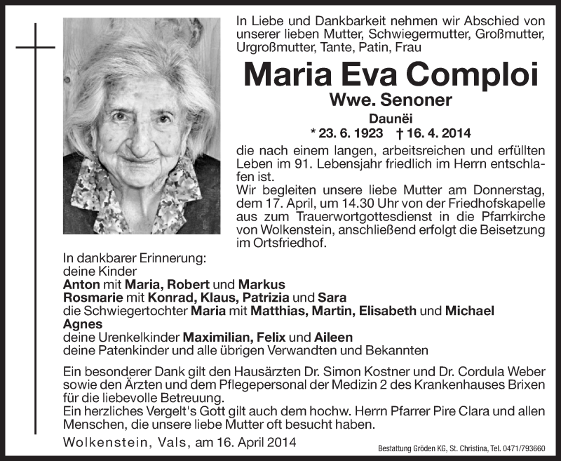  Traueranzeige für Maria Eva Senoner vom 17.04.2014 aus Dolomiten