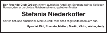 Traueranzeige von Stefania Niederkofler von Dolomiten