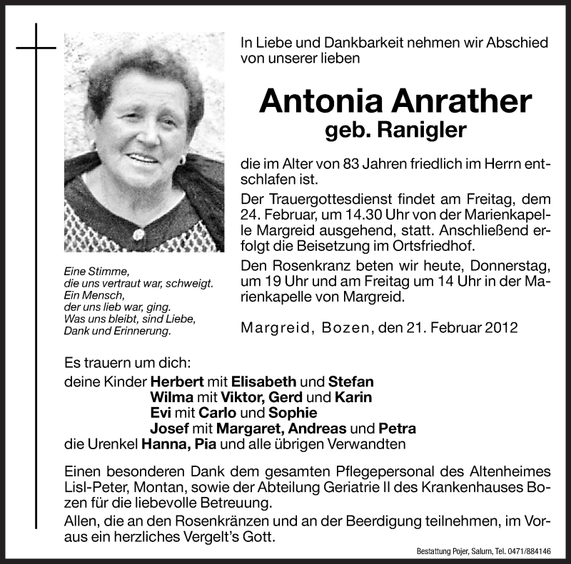  Traueranzeige für Antonia Anrather vom 23.02.2012 aus Dolomiten