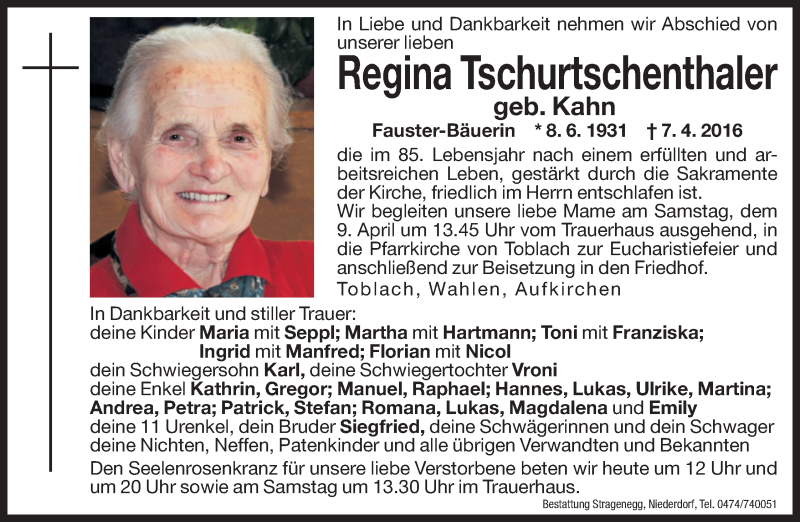  Traueranzeige für Regina Tschurtschenthaler vom 08.04.2016 aus Dolomiten