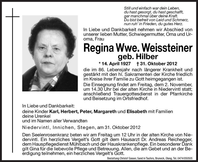  Traueranzeige für Regina Weissteiner vom 02.11.2012 aus Dolomiten