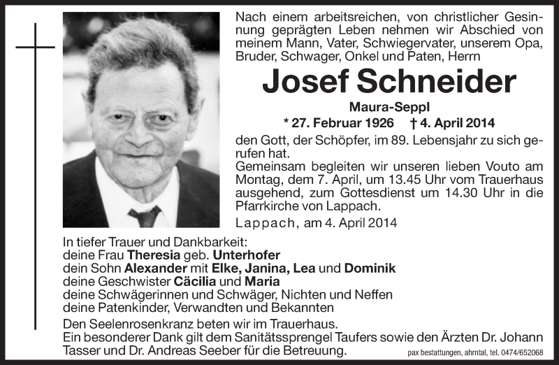  Traueranzeige für Josef Schneider vom 05.04.2014 aus Dolomiten