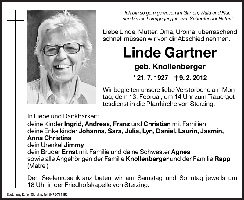  Traueranzeige für Linde Gartner vom 11.02.2012 aus Dolomiten