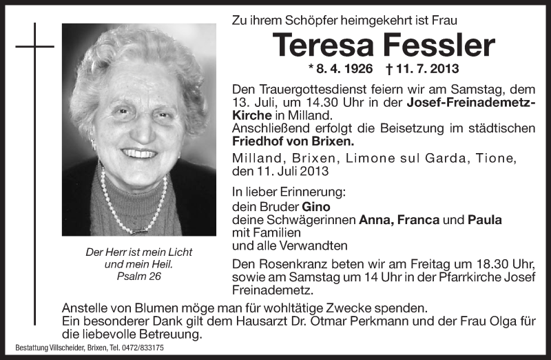  Traueranzeige für Teresa Fessler vom 12.07.2013 aus Dolomiten