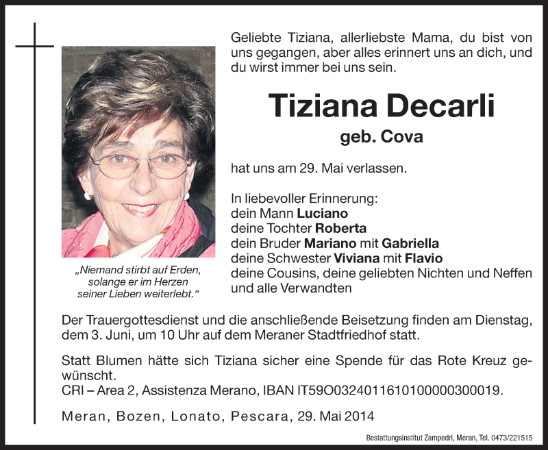  Traueranzeige für Tiziana Decarli vom 31.05.2014 aus Dolomiten