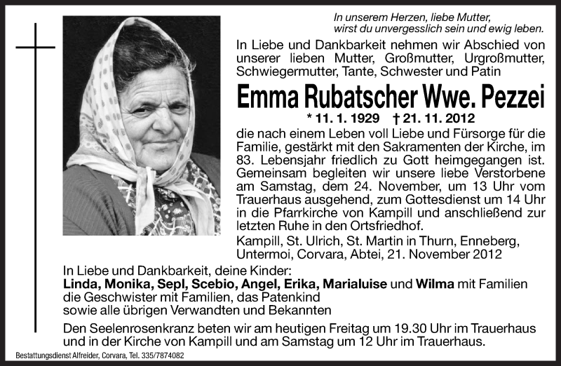  Traueranzeige für Emma Pezzei vom 23.11.2012 aus Dolomiten