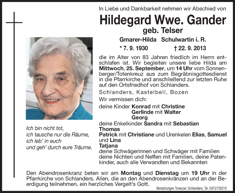  Traueranzeige für Hildegard Gander vom 23.09.2013 aus Dolomiten