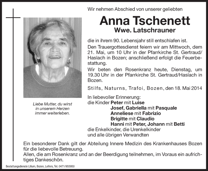  Traueranzeige für Anna  Latschrauner vom 20.05.2014 aus Dolomiten