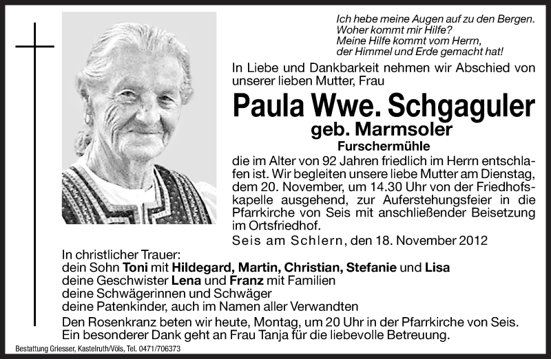  Traueranzeige für Paula Schgaguler vom 19.11.2012 aus Dolomiten