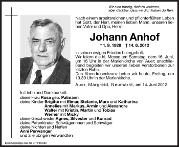 Traueranzeige von Johann Anhof von Dolomiten