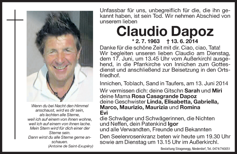  Traueranzeige für Claudio Dapoz vom 16.06.2014 aus Dolomiten