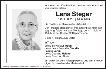 Traueranzeige von Lena Steger von Dolomiten