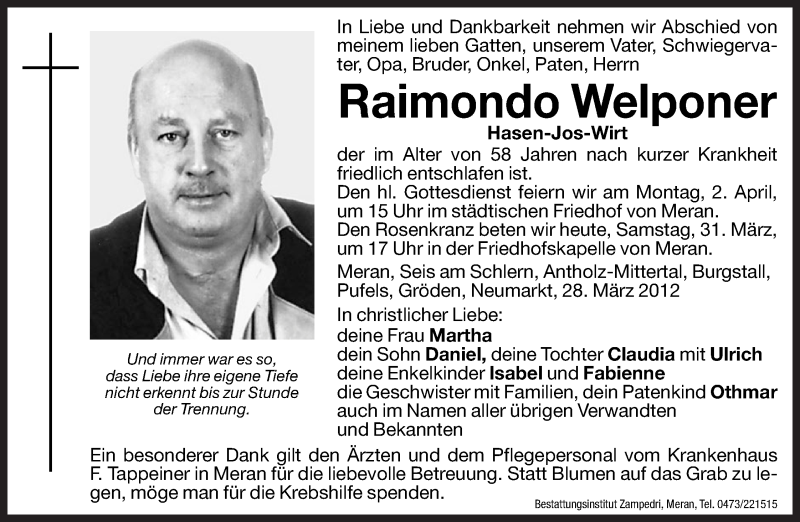  Traueranzeige für Raimund Welponer vom 31.03.2012 aus Dolomiten