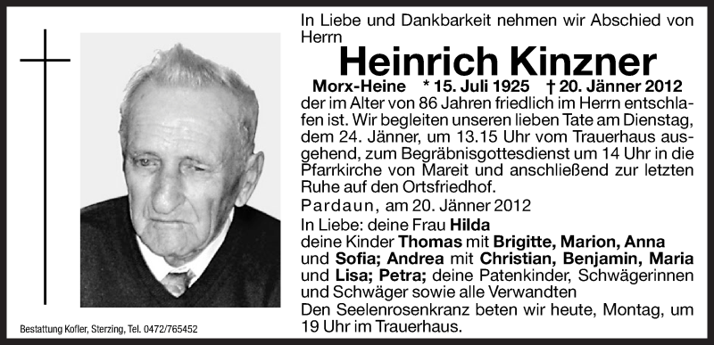  Traueranzeige für Heinrich Kinzner vom 23.01.2012 aus Dolomiten