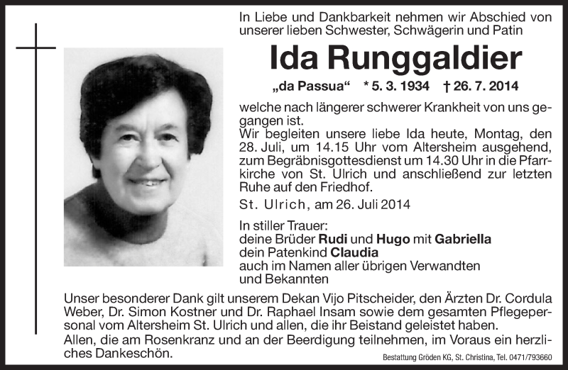  Traueranzeige für Ida Runggaldier vom 28.07.2014 aus Dolomiten