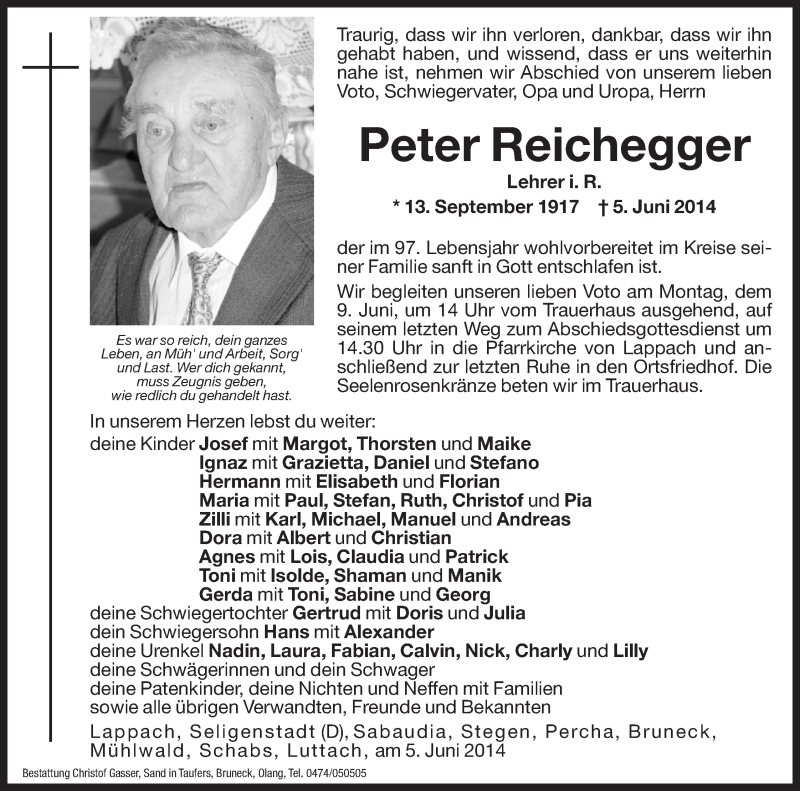  Traueranzeige für Peter Reichegger vom 07.06.2014 aus Dolomiten