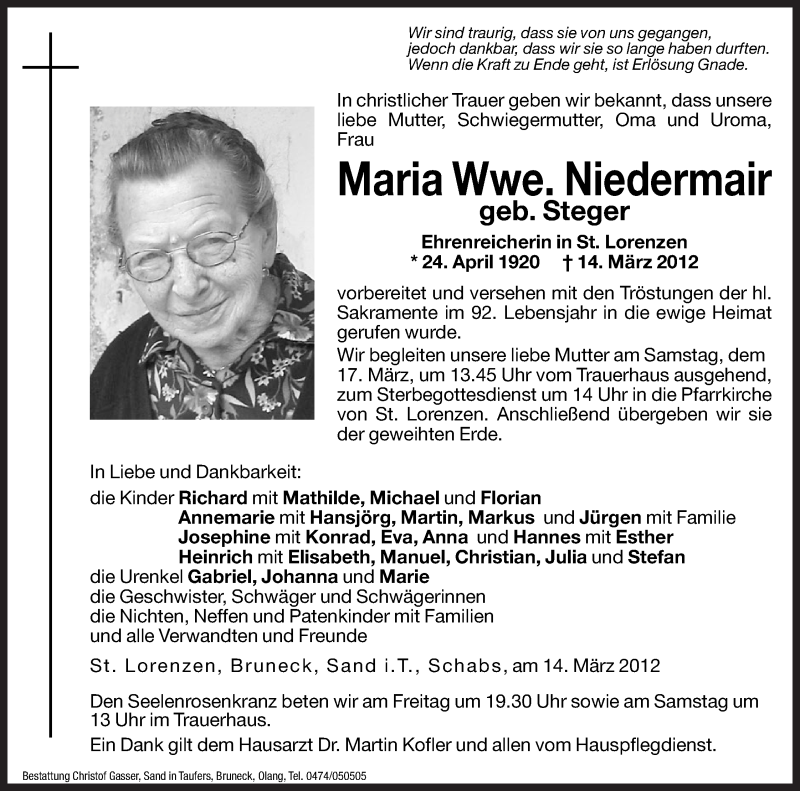  Traueranzeige für Maria  Niedermair vom 16.03.2012 aus Dolomiten