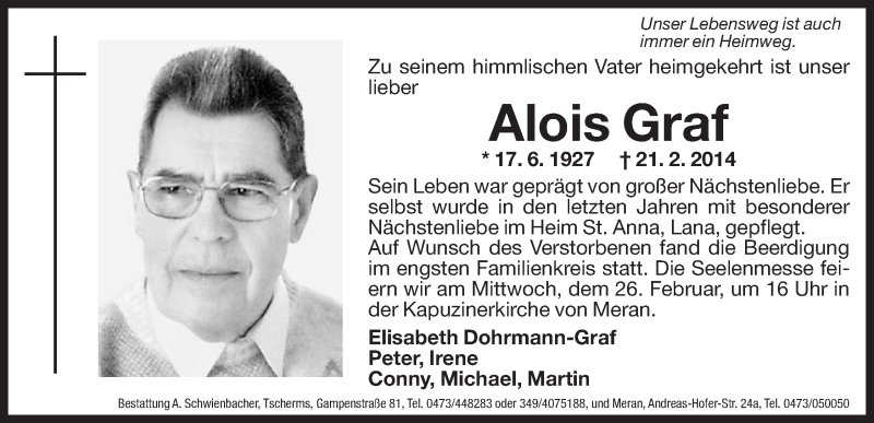  Traueranzeige für Alois Graf vom 25.02.2014 aus Dolomiten