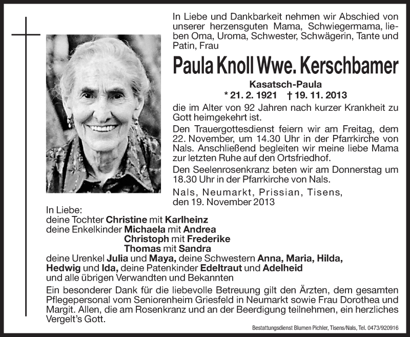  Traueranzeige für Paula Kerschbamer vom 21.11.2013 aus Dolomiten