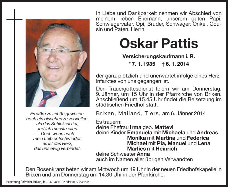  Traueranzeige für Oskar Pattis vom 08.01.2014 aus Dolomiten