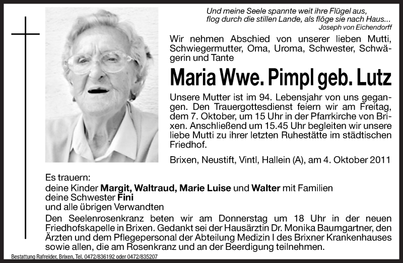  Traueranzeige für Maria Pimpl vom 06.10.2011 aus Dolomiten