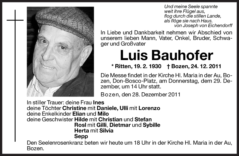  Traueranzeige für Luis Bauhofer vom 28.12.2011 aus Dolomiten